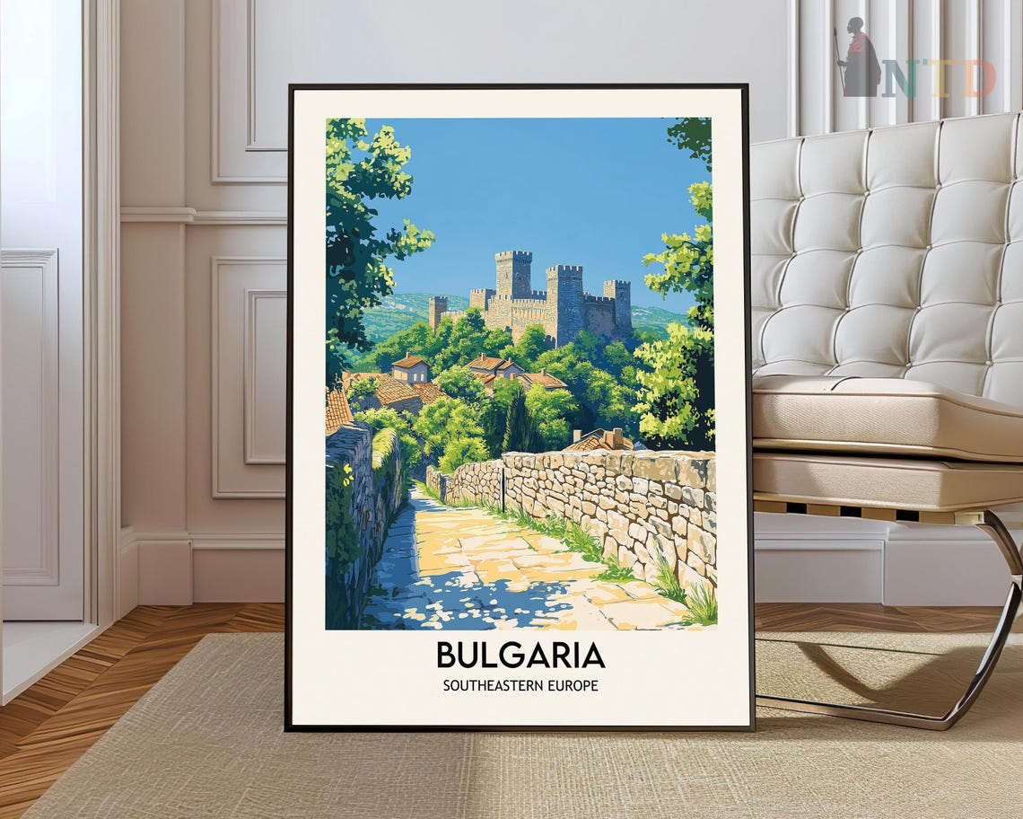 Bulgaria Medieval Castle Stone Road Village Vintage Travel Poster