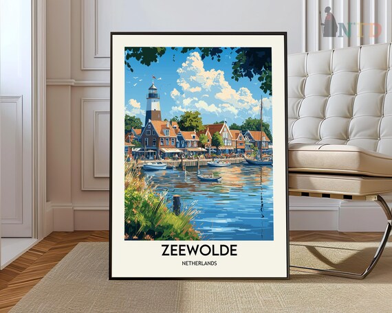Zeewolde Netherlands Lighthouse Harbor Boats Vintage Travel Poster