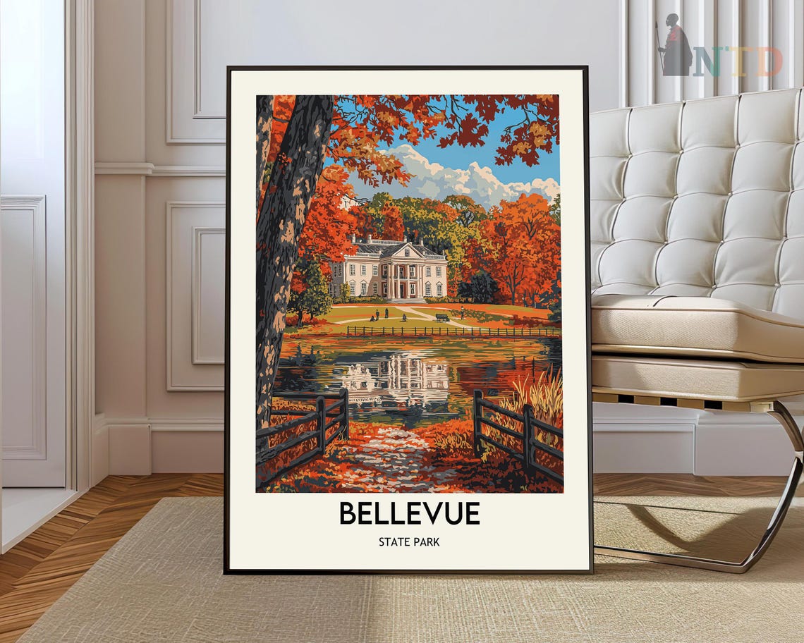 Bellevue State Park Mansion Pond Reflection Fall Foliage Travel Poster