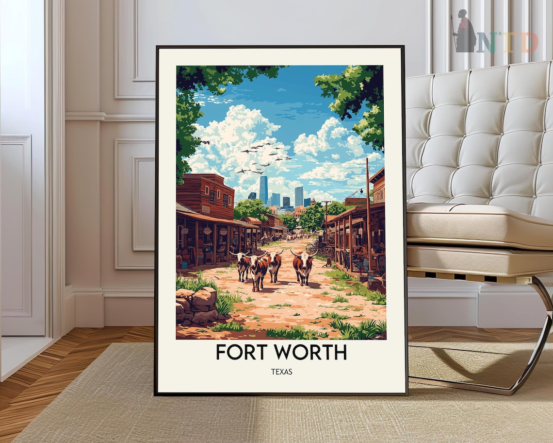 Fort Worth Texas Stockyards Longhorns Historic Street Vintage Travel Poster