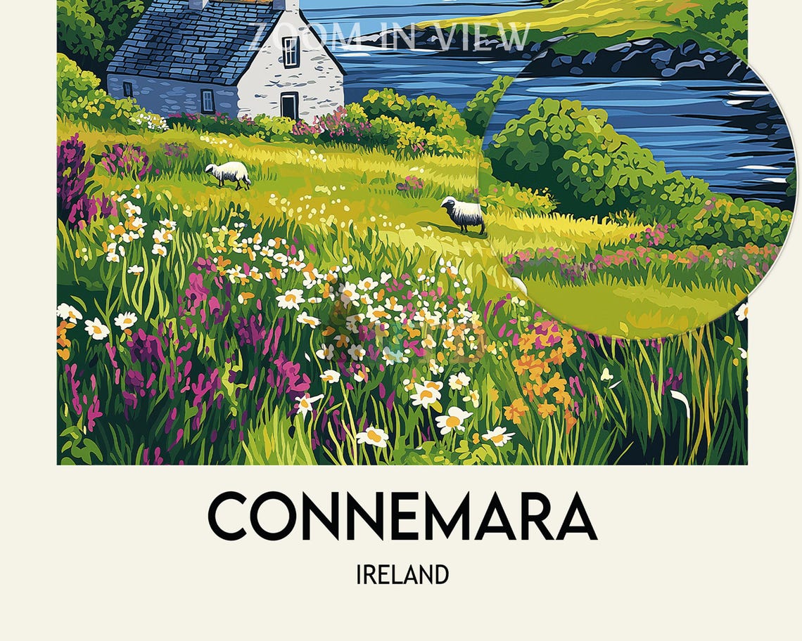 Connemara White Cottage by the Lake with Mountains and Sheep Poster - Image 2