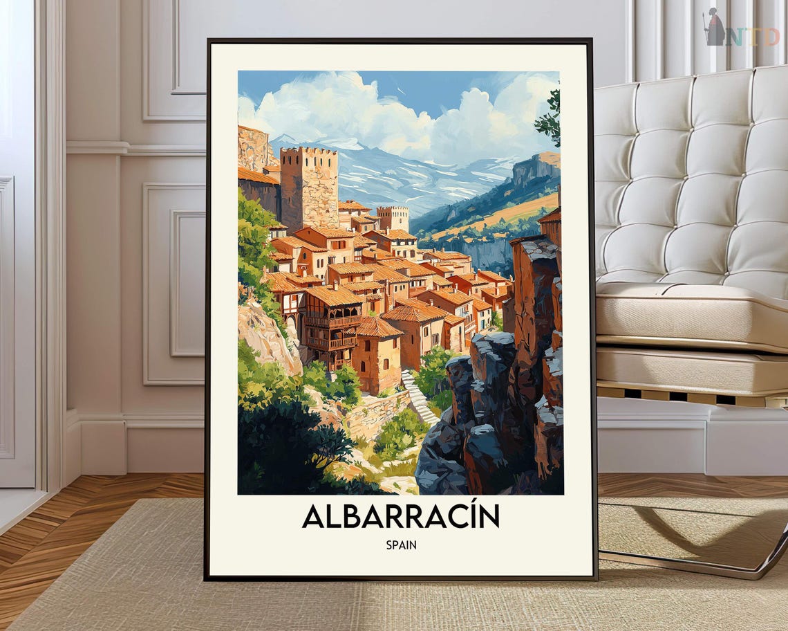 Albarracin Spain Hillside Old Town Golden Sunset Travel Poster