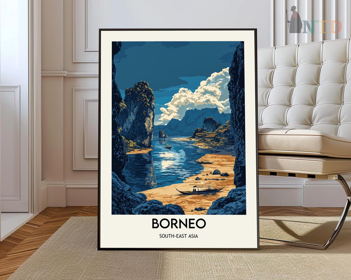 Borneo Southeast Asia Karst Cliffs River Vintage Travel Poster