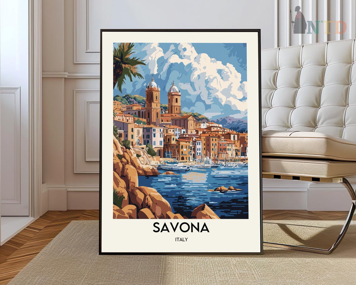 Savona Italy Liguria Harbor Twin Towers Vintage Travel Poster