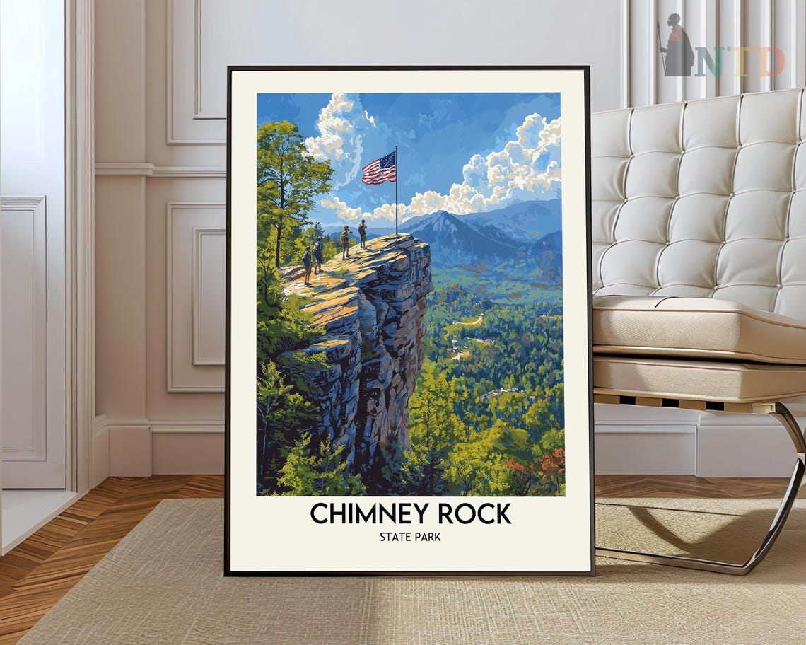 Chimney Rock State Park Cliffs American Flag Hikers View Poster