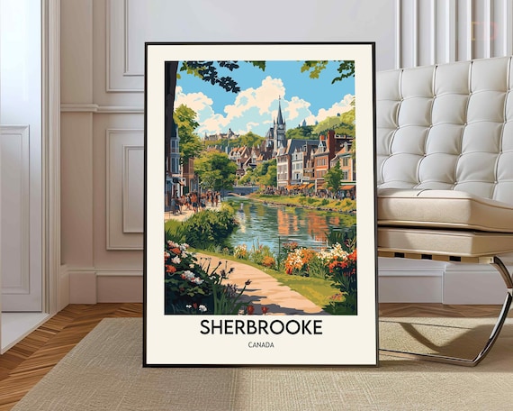 Sherbrooke Canada River Church Historic Town Retro Travel Poster