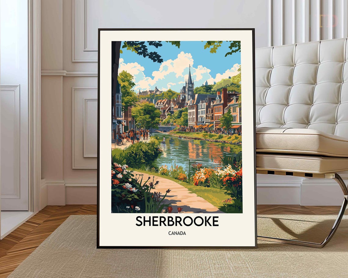 Sherbrooke Canada River Church Historic Town Retro Travel Poster