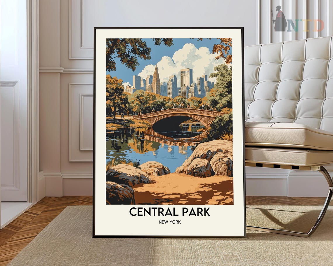 Central Park Bow Bridge Over the Lake Skyline Vintage Travel Poster