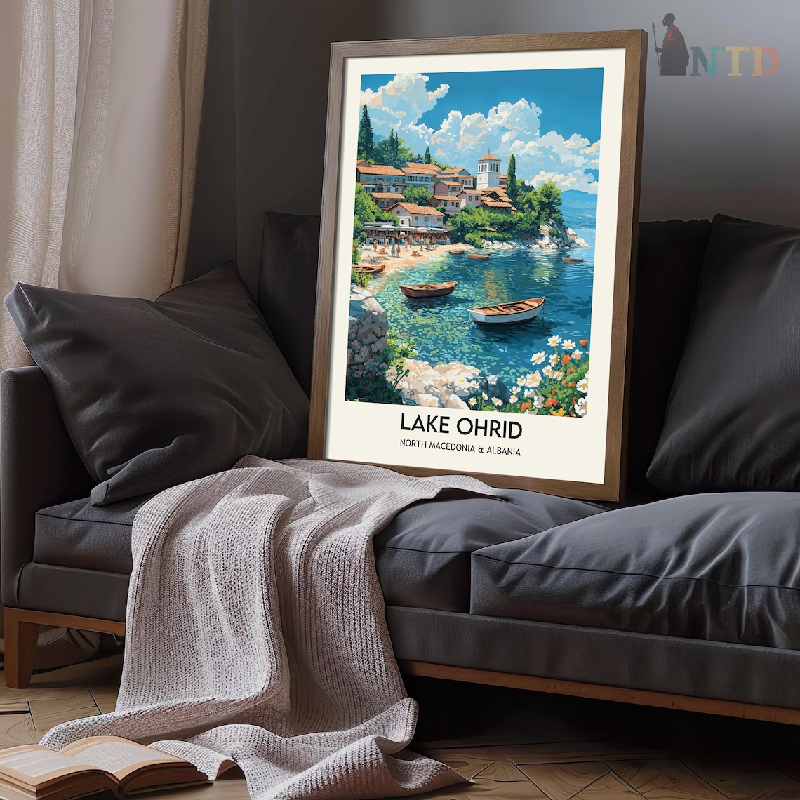 Lake Ohrid Waterfront Church Flowers Boats Scenic Travel Poster - Image 3