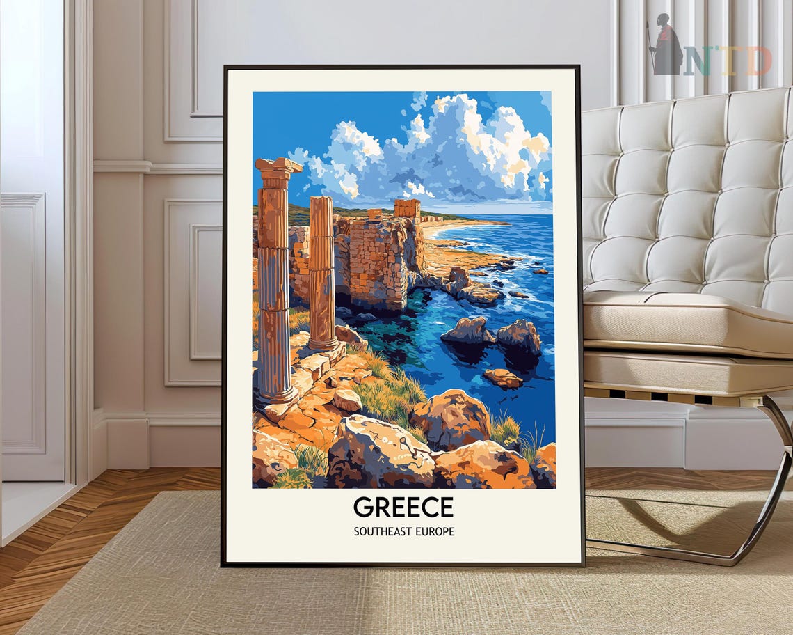 Greece Ancient Ruins Rocky Coast Blue Sea Southeast Europe Poster
