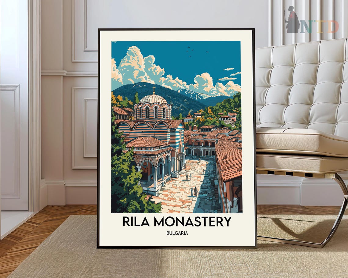 Rila Monastery Bulgaria Historic Mountain Retro Travel Poster