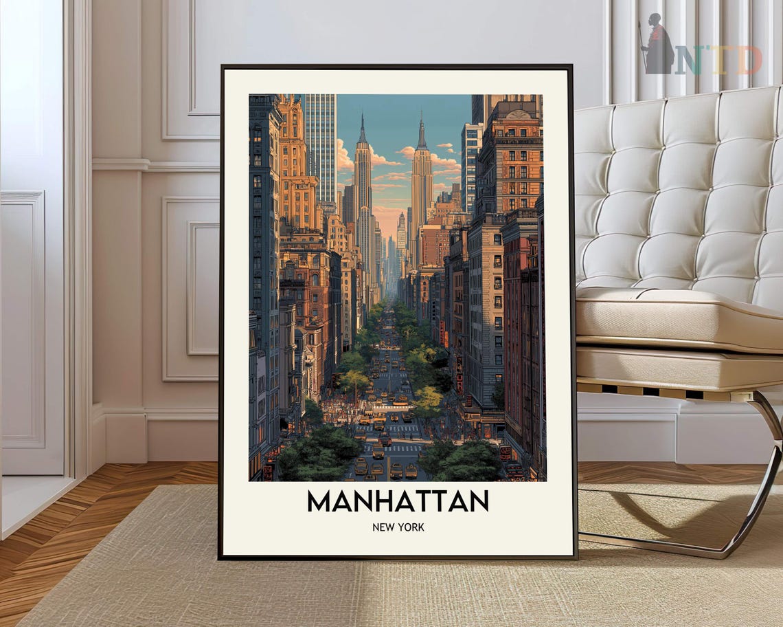 Manhattan New York Sunset Avenue Street Canyon Skyscraper Poster