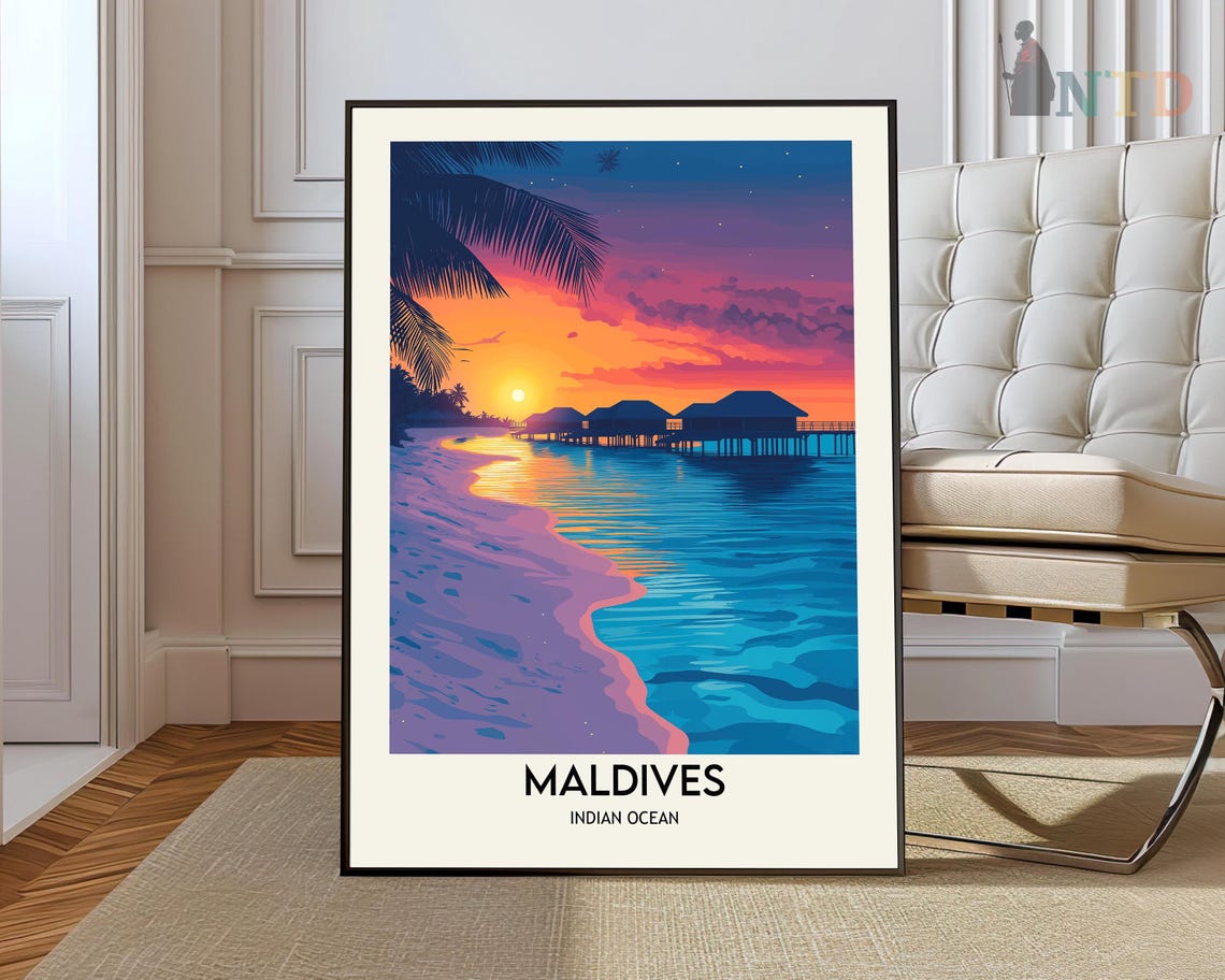 Maldives Indian Ocean Sunset Palm Silhouette Overwater Villas Poster