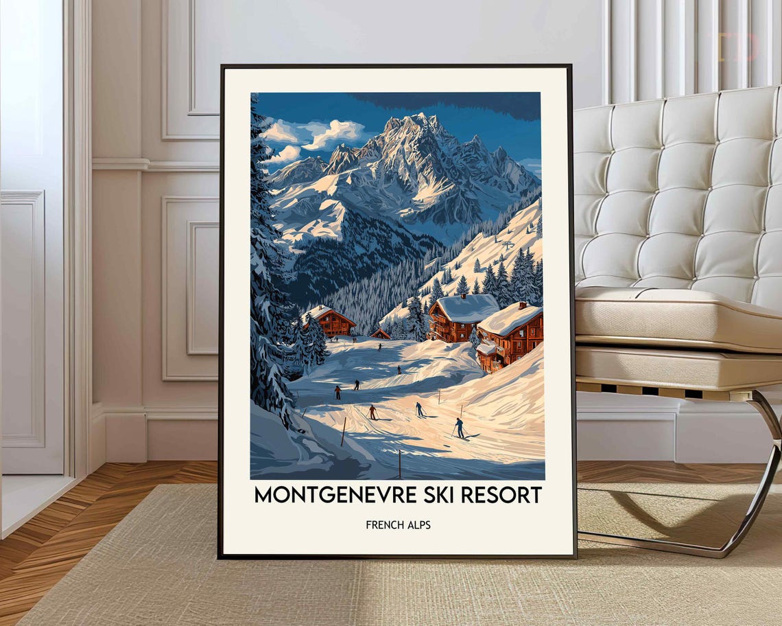 Montgenevre Ski Resort French Alps Snowy Slopes Vintage Winter Poster