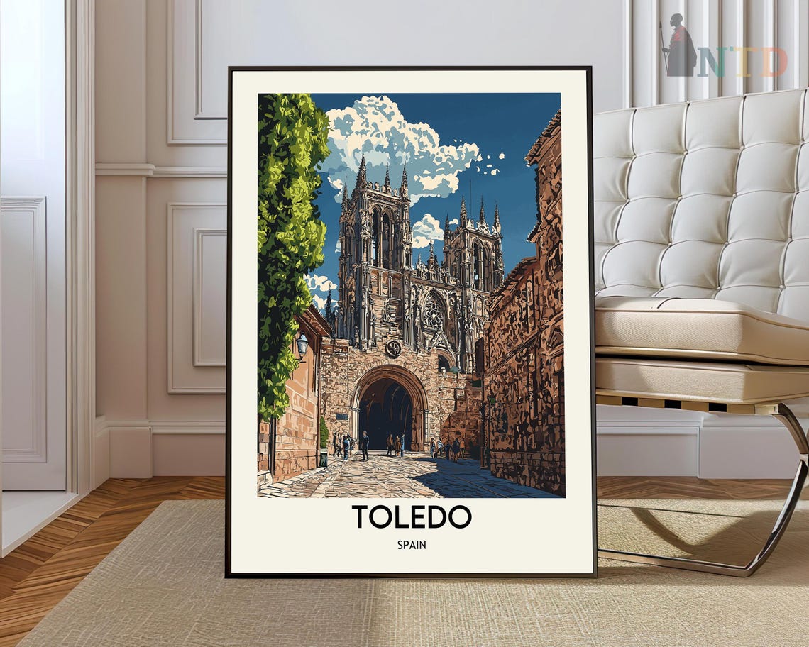 Toledo Spain Vintage Cathedral Gate Illustration Travel Poster