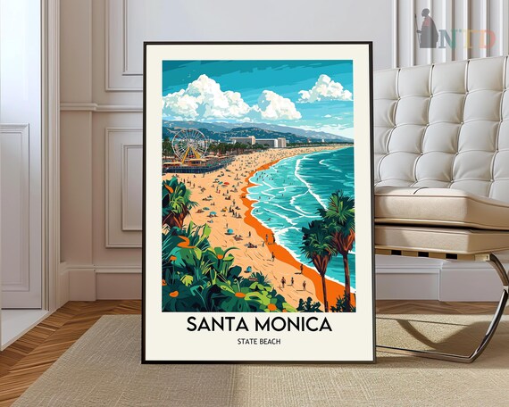 Santa Monica State Beach Pier Ferris Wheel California Travel Poster
