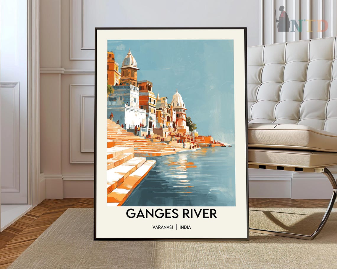 Ganges River Varanasi Ghat Steps Riverside Travel Poster India Art