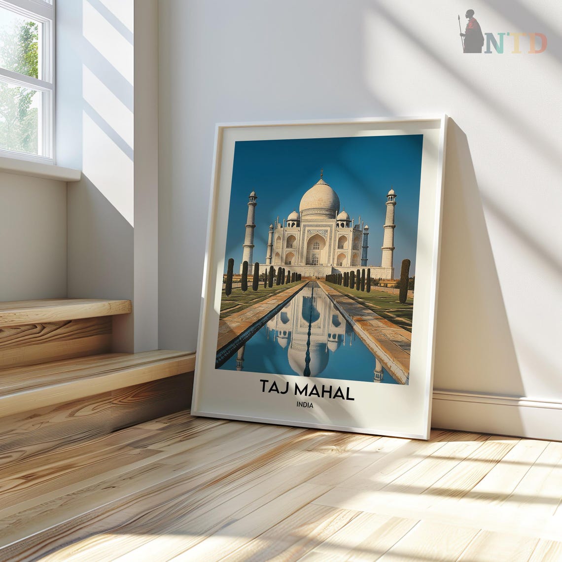 Taj Mahal Reflecting Pool Under Clear Blue Sky Travel Poster - Image 3