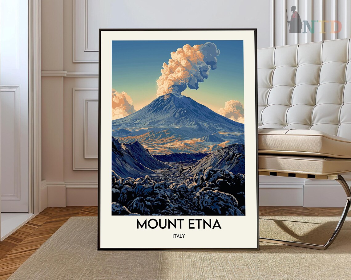 Mount Etna Italy Erupting Volcano Ash Plume Lava Fields Travel Poster