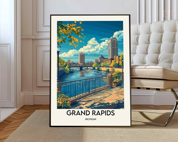 Grand Rapids Michigan Riverfront Skyline Vintage Travel Poster