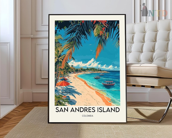 San Andres Island Colombia Palm Framed Beach Boats Vintage Travel Poster