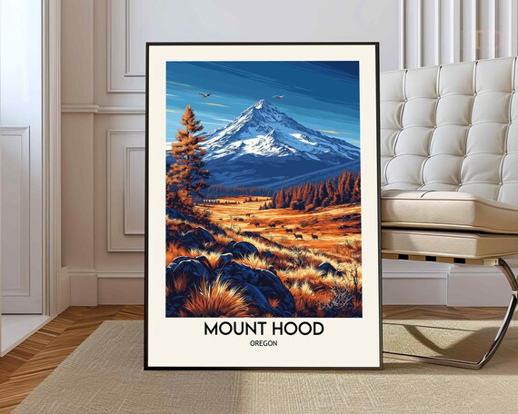 Mount Hood Oregon Snowy Peak Autumn Meadow Wildlife Travel Poster