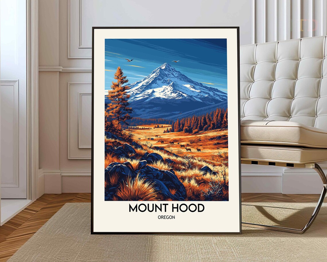 Mount Hood Oregon Snowy Peak Autumn Meadow Wildlife Travel Poster