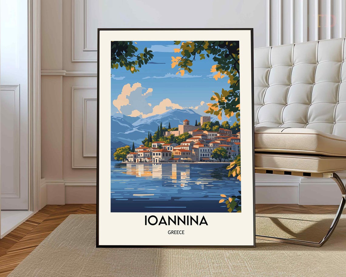 Ioannina Greece Lakeside Old Town Blue Mountains Travel Poster