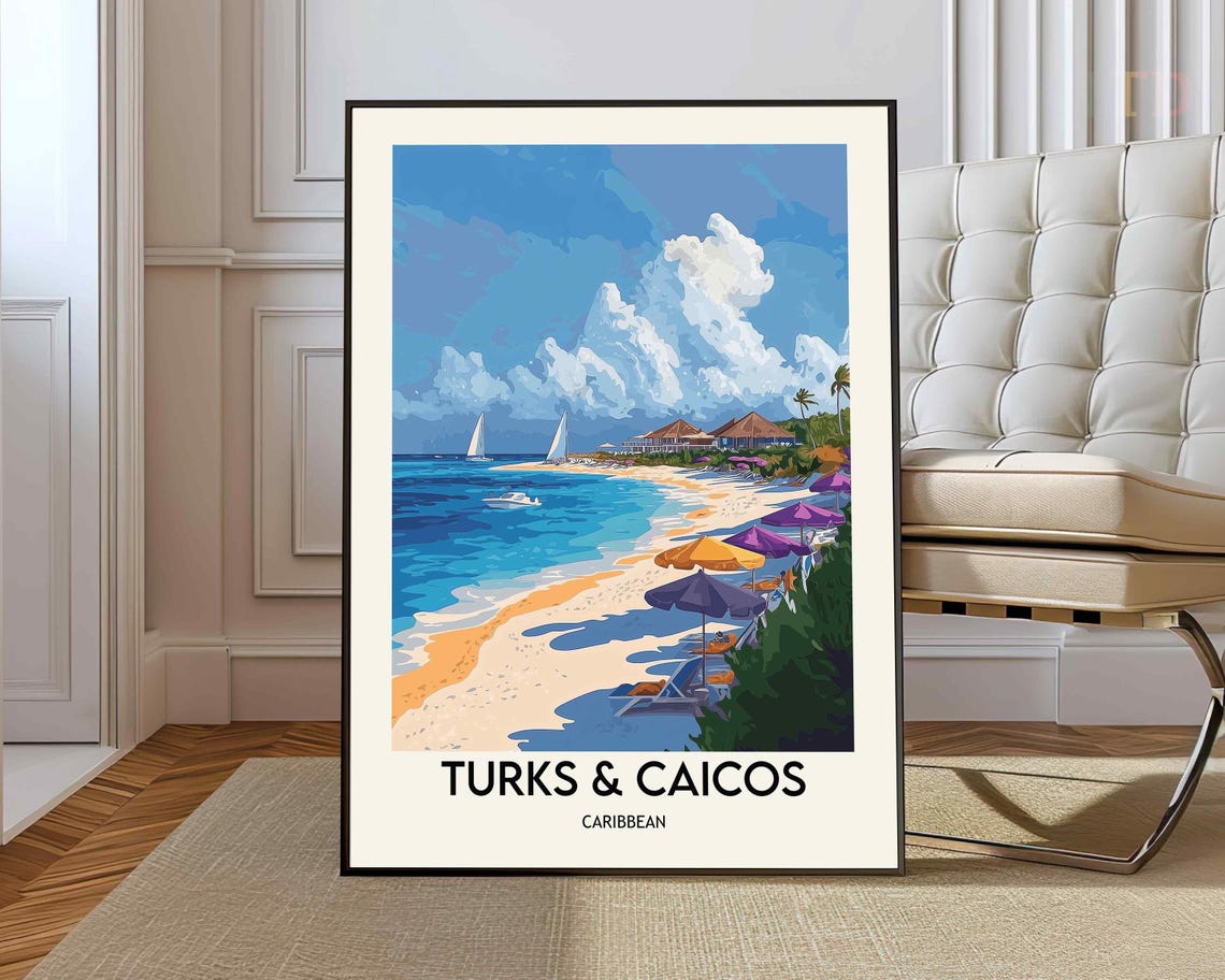 Turks And Caicos Caribbean Beach Sailboats Vintage Travel Poster