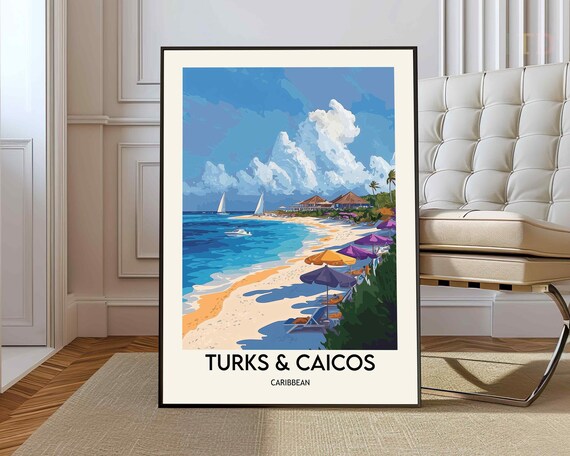 Turks And Caicos Caribbean Beach Sailboats Vintage Travel Poster