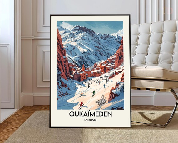 Oukaïmeden Ski Resort Poster Atlas Mountains Village Skiers Scene