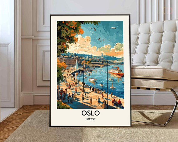 Oslo Norway Bustling Harbor Waterfront Vintage Style Travel Poster