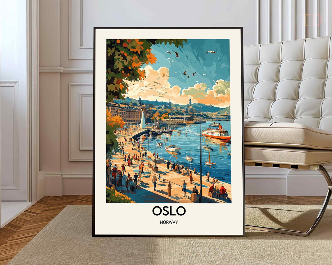 Oslo Norway Bustling Harbor Waterfront Vintage Style Travel Poster