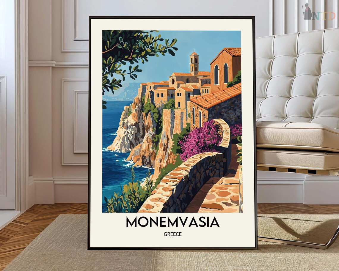 Monemvasia Greece Bougainvillea Alley Cliff Village Travel Poster