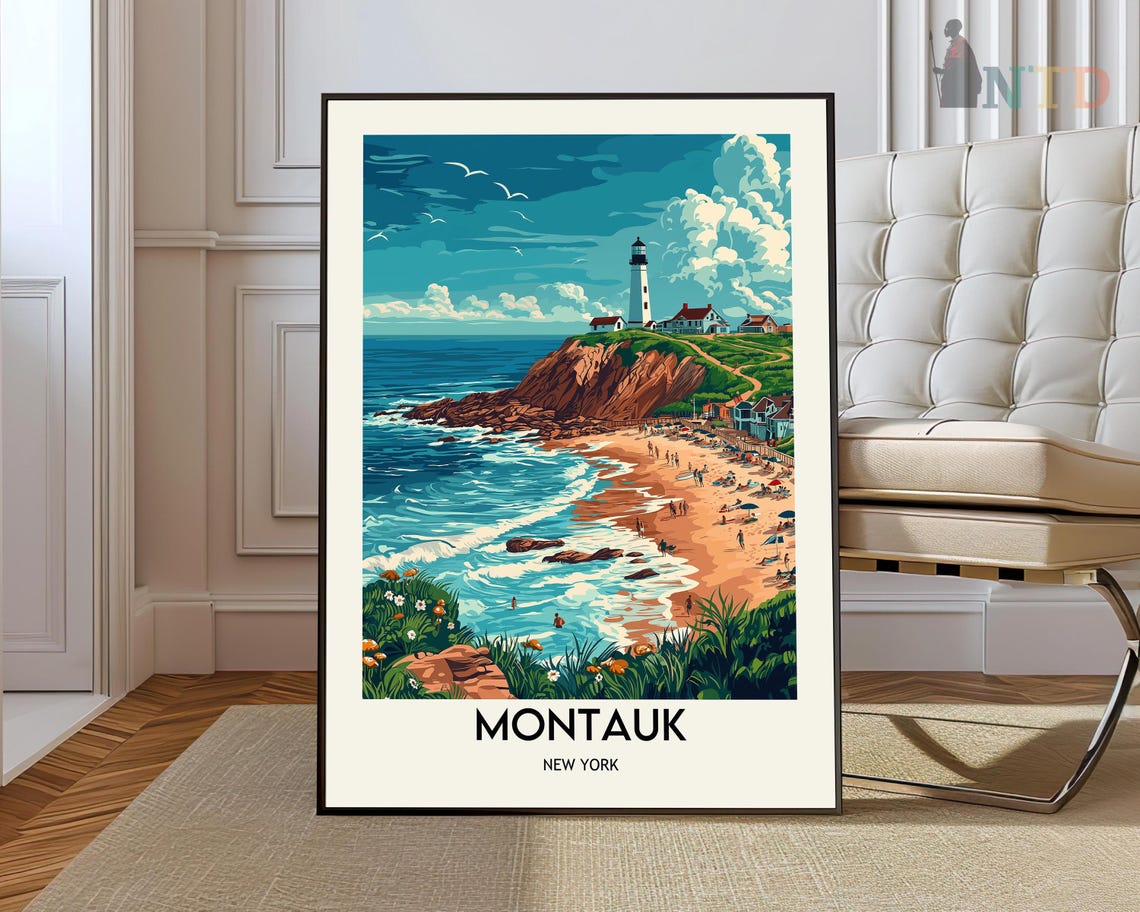 Montauk New York Lighthouse Cliffs Seaside Beach Travel Poster