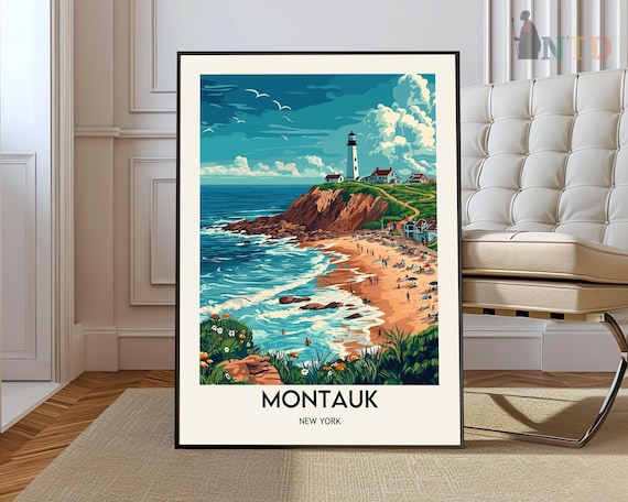 Montauk New York Lighthouse Cliffs Seaside Beach Travel Poster