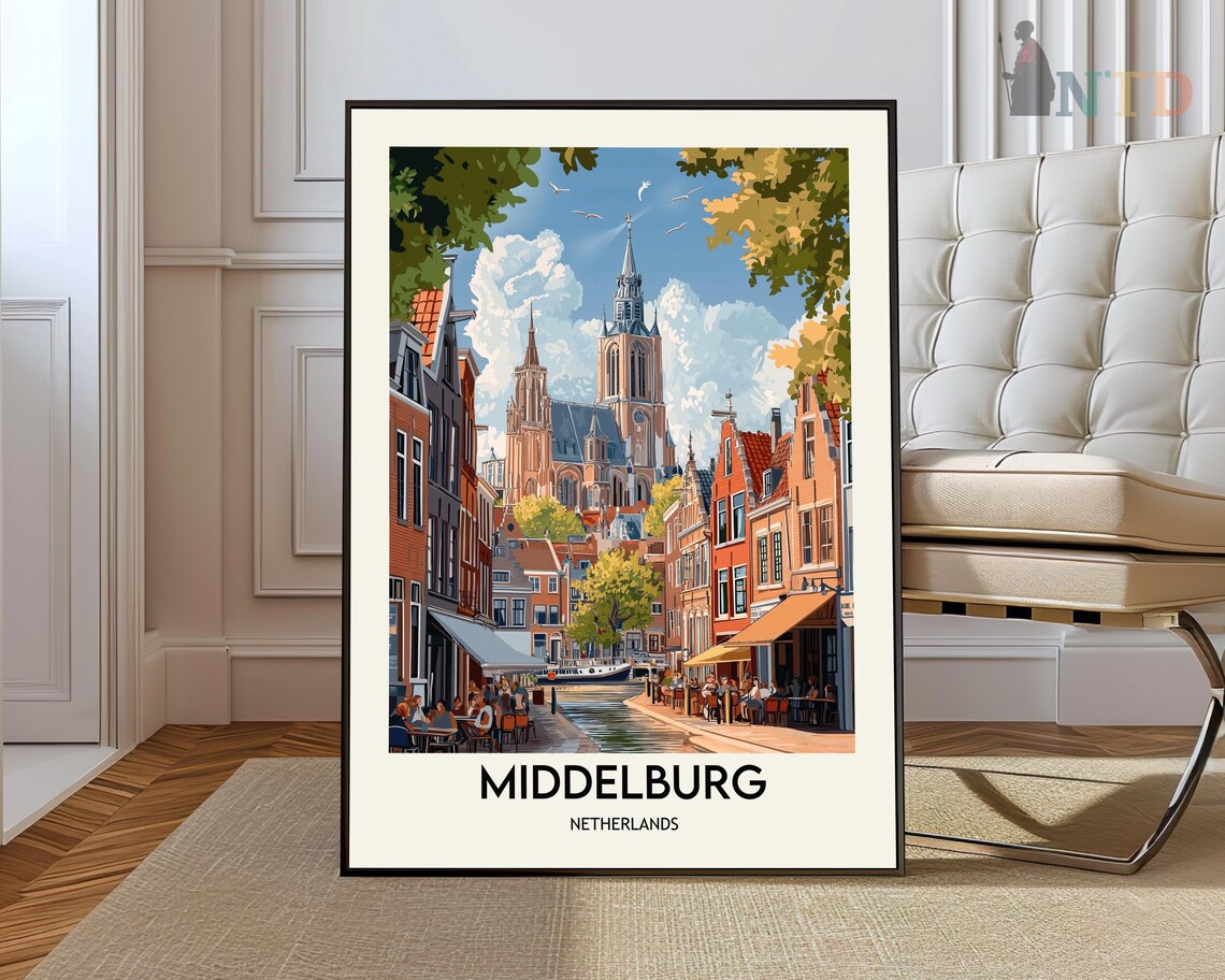 Middelburg Netherlands Canal Street Church Vintage Travel Art Poster