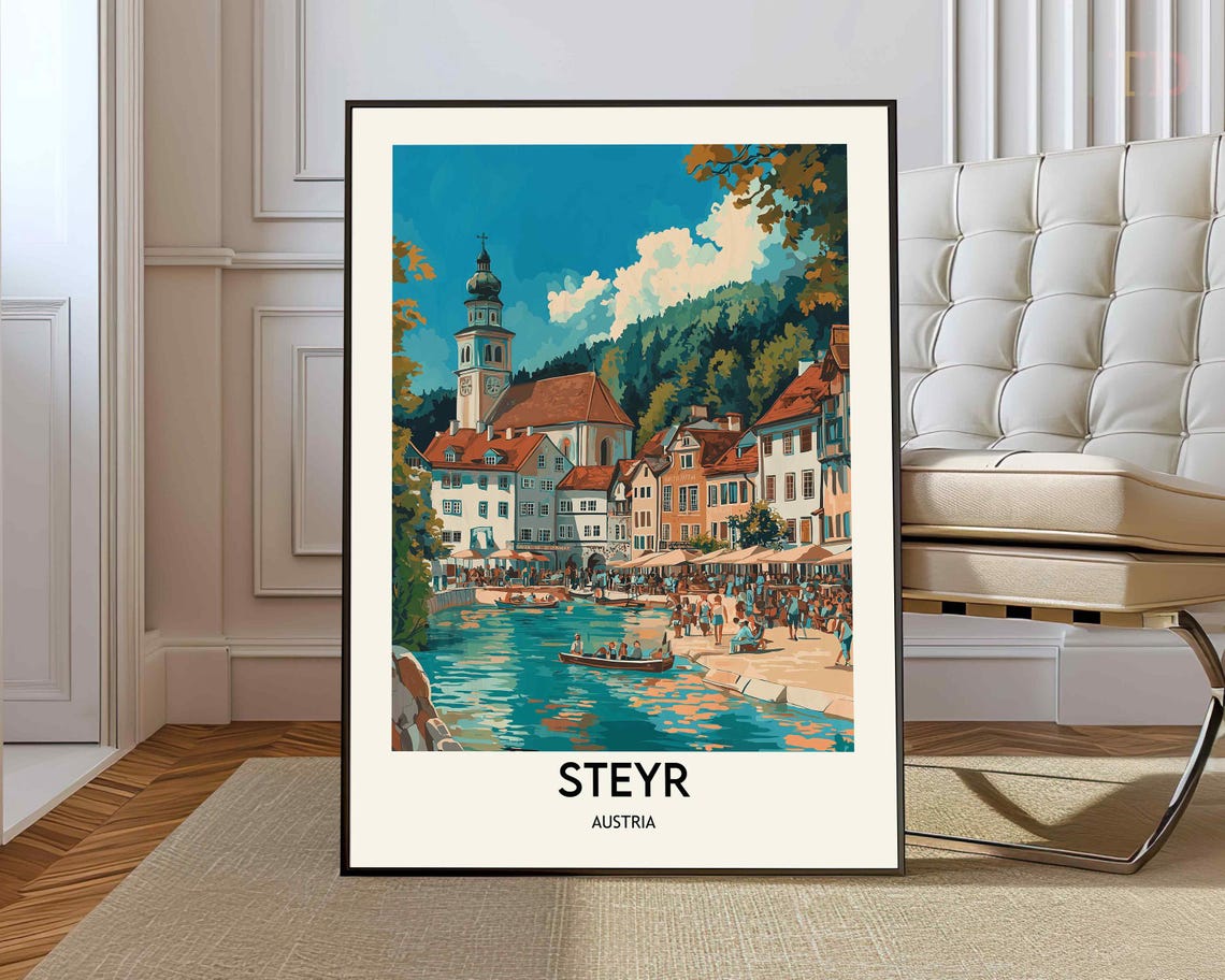 Steyr Austria Riverside Old Town Church Vintage Travel Poster