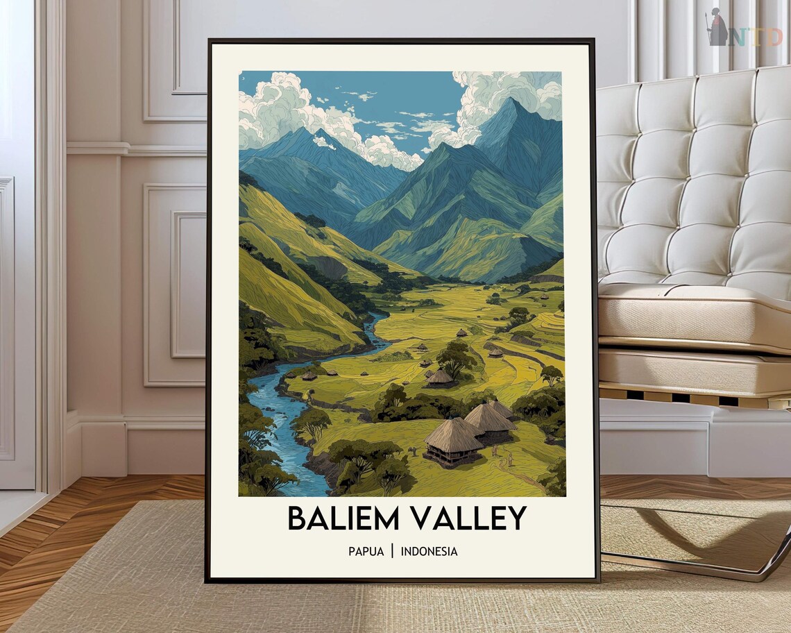 Baliem Valley Papua Winding River Terraces Highland Travel Poster