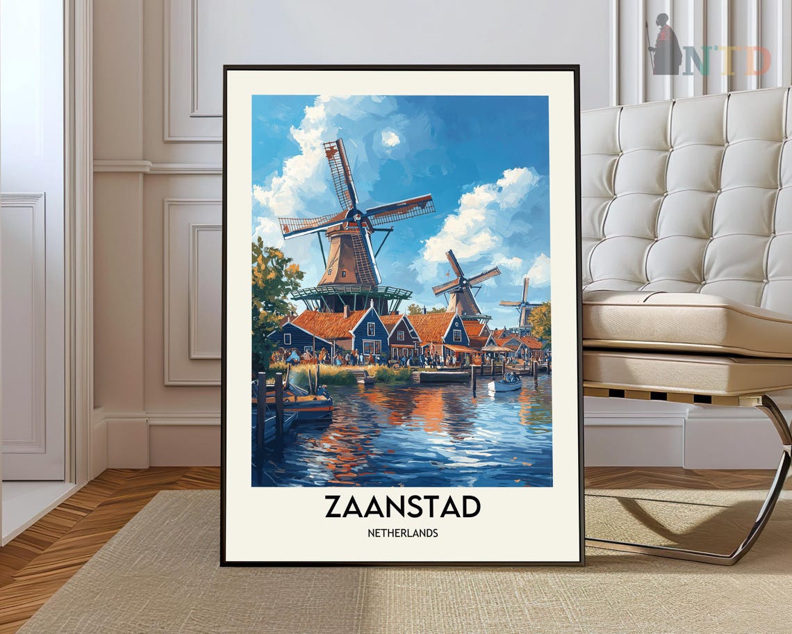 Zaanstad Netherlands Windmills Canal Scene Vintage Travel Poster