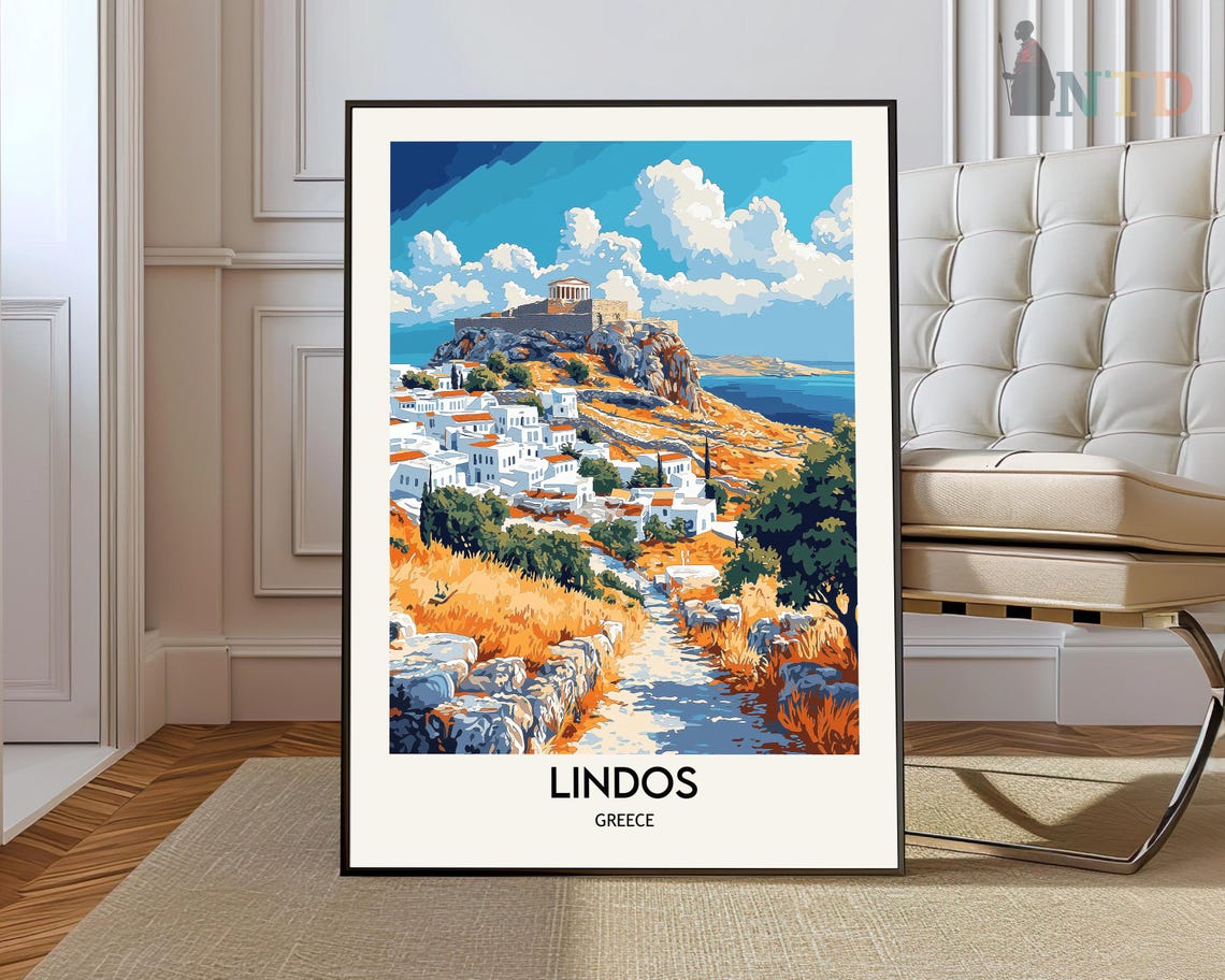 Lindos Greece Acropolis Hilltop Whitewashed Town Travel Poster