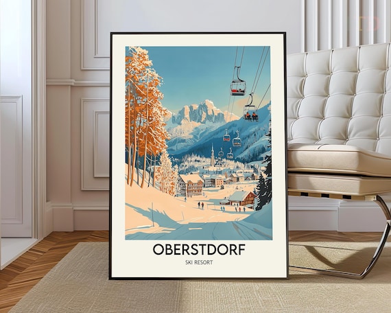 Oberstdorf Ski Resort Vintage Travel Poster Chairlift Alpine Winter Snow Art