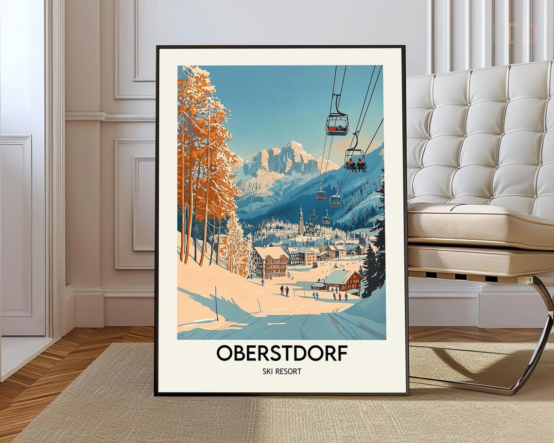 Oberstdorf Ski Resort Vintage Travel Poster Chairlift Alpine Winter Snow Art