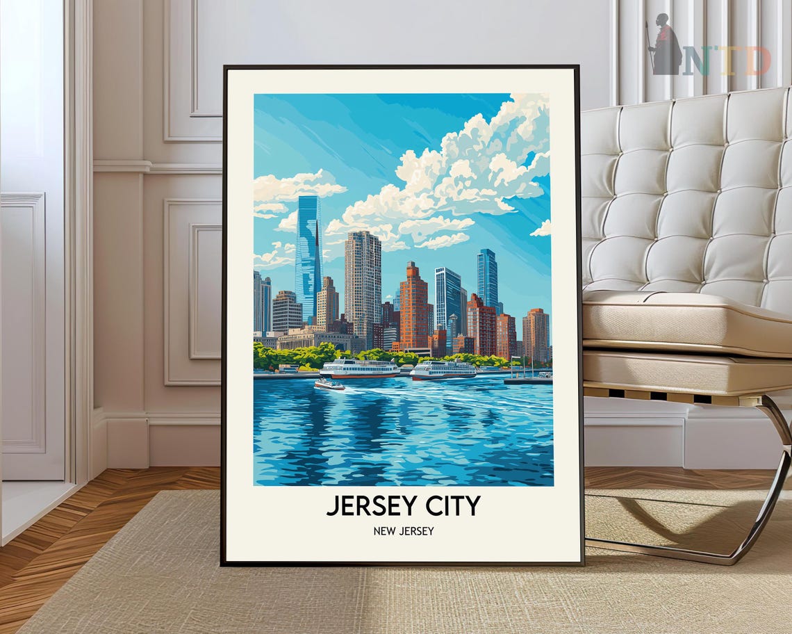 Jersey City New Jersey Skyline Hudson River Ferries Travel Poster