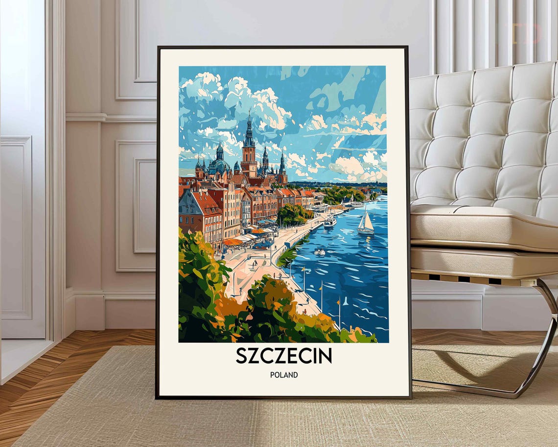 Szczecin Poland Waterfront Cathedral Harbor Vintage Travel Poster