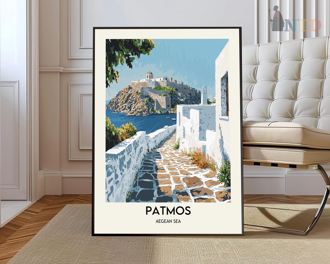 Patmos Aegean Sea White Houses Stone Alley Blue Water Island Poster