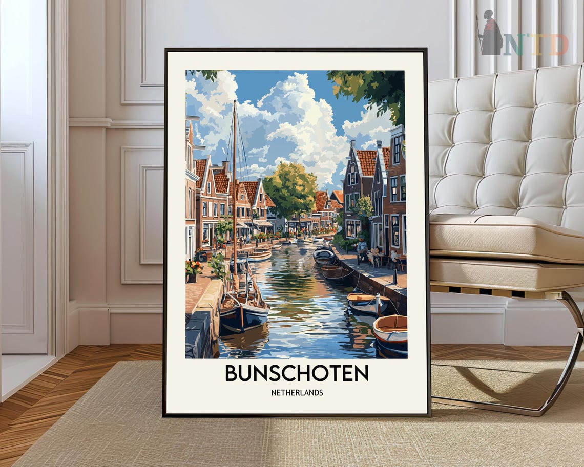 Bunschoten Old Canal Boats Vintage Netherlands Travel Poster