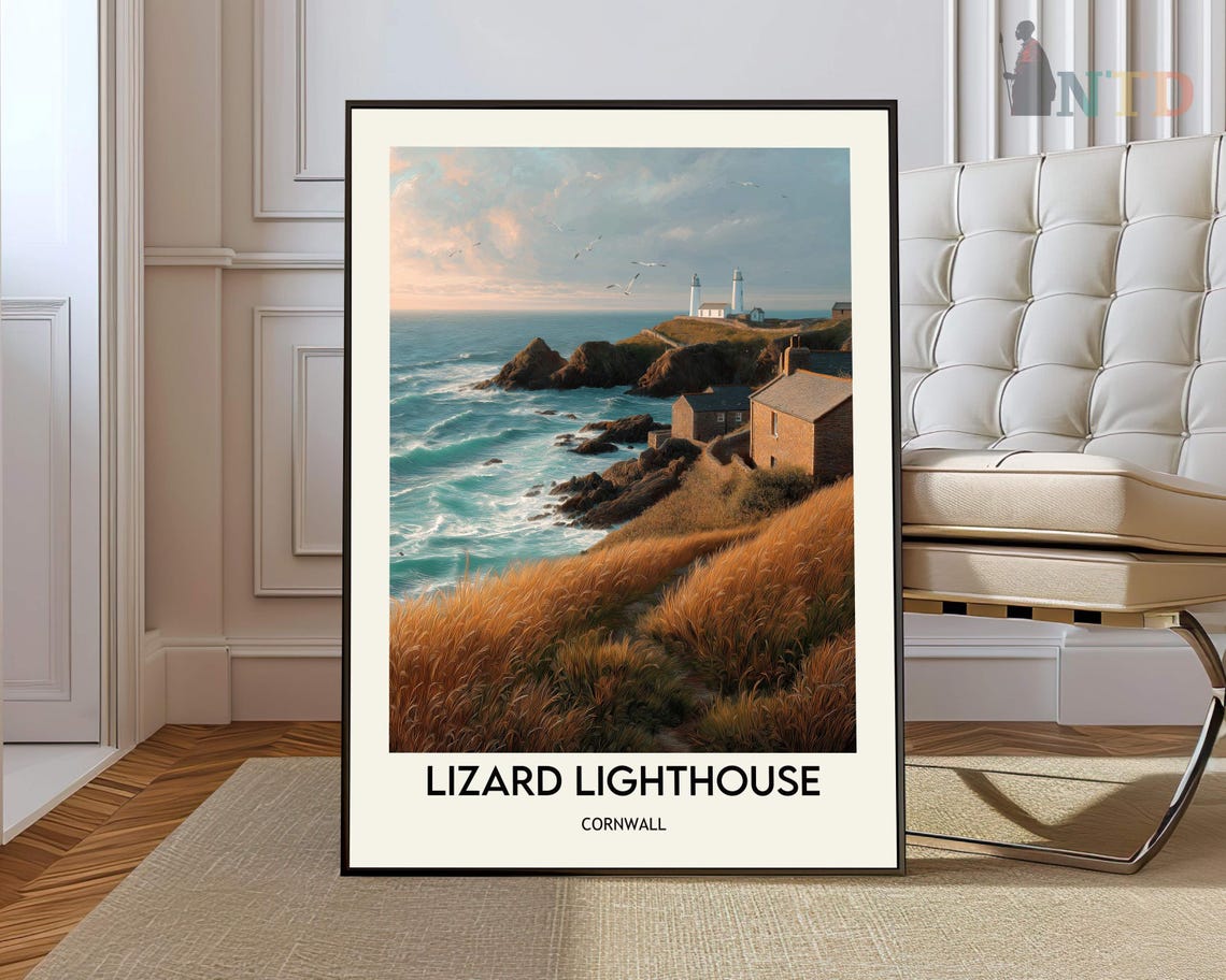 Lizard Lighthouse Cornwall Golden Cliff Coastline Seascape Poster
