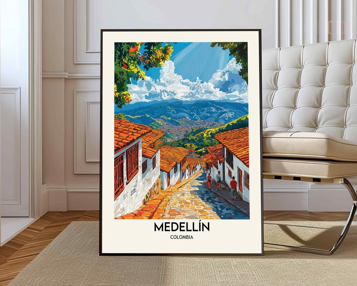 Medellin Colombia Cobbled Hillside Street Valley View Poster