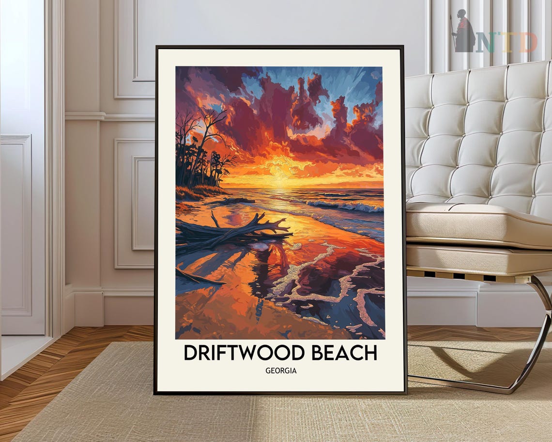 Driftwood Beach Georgia Sunset Ocean Waves Coastal Travel Poster